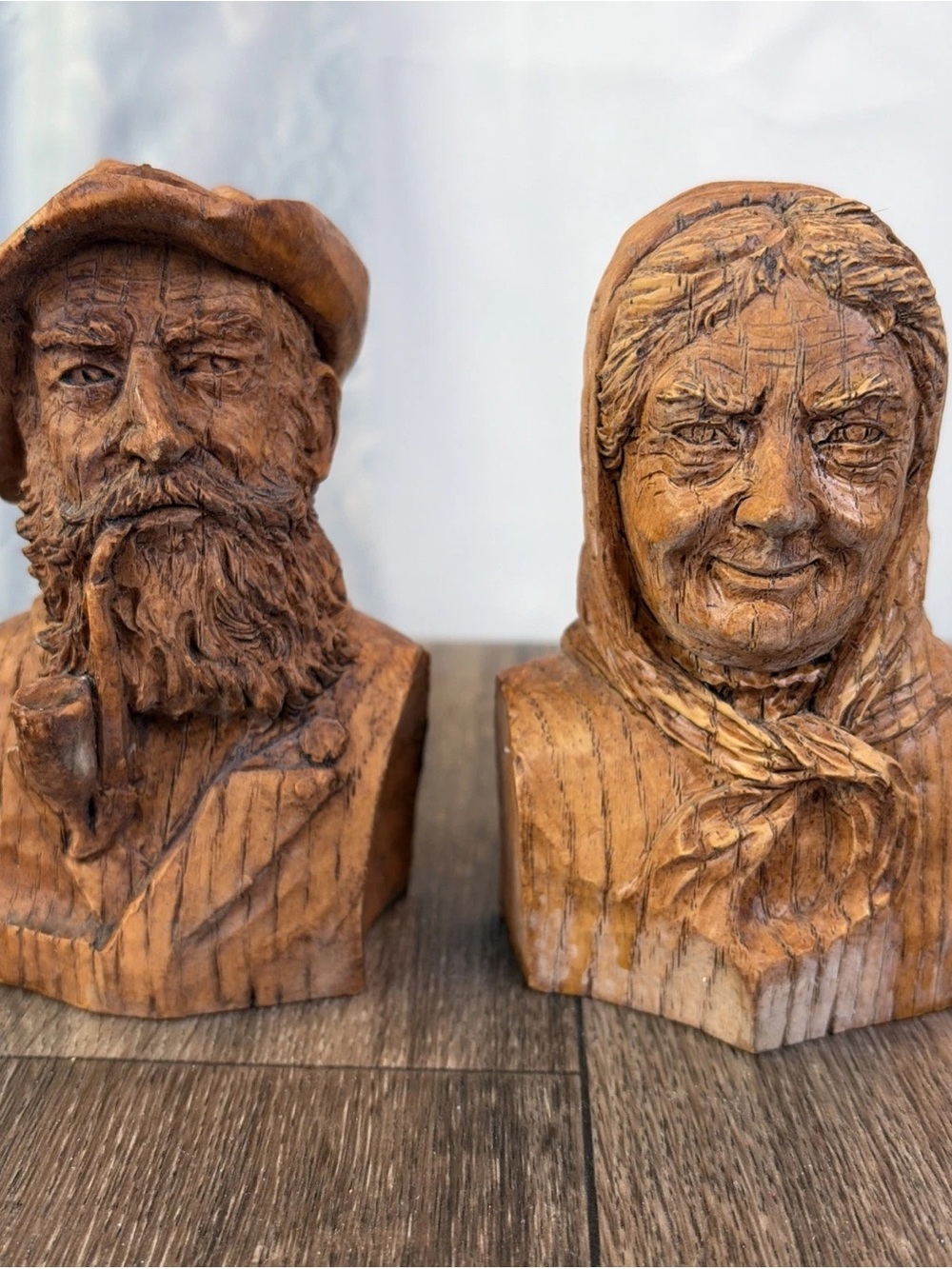 Vintage Hand Carved Wood Old Man with Pipe & Woman with Babushka Scarf Bust 3D